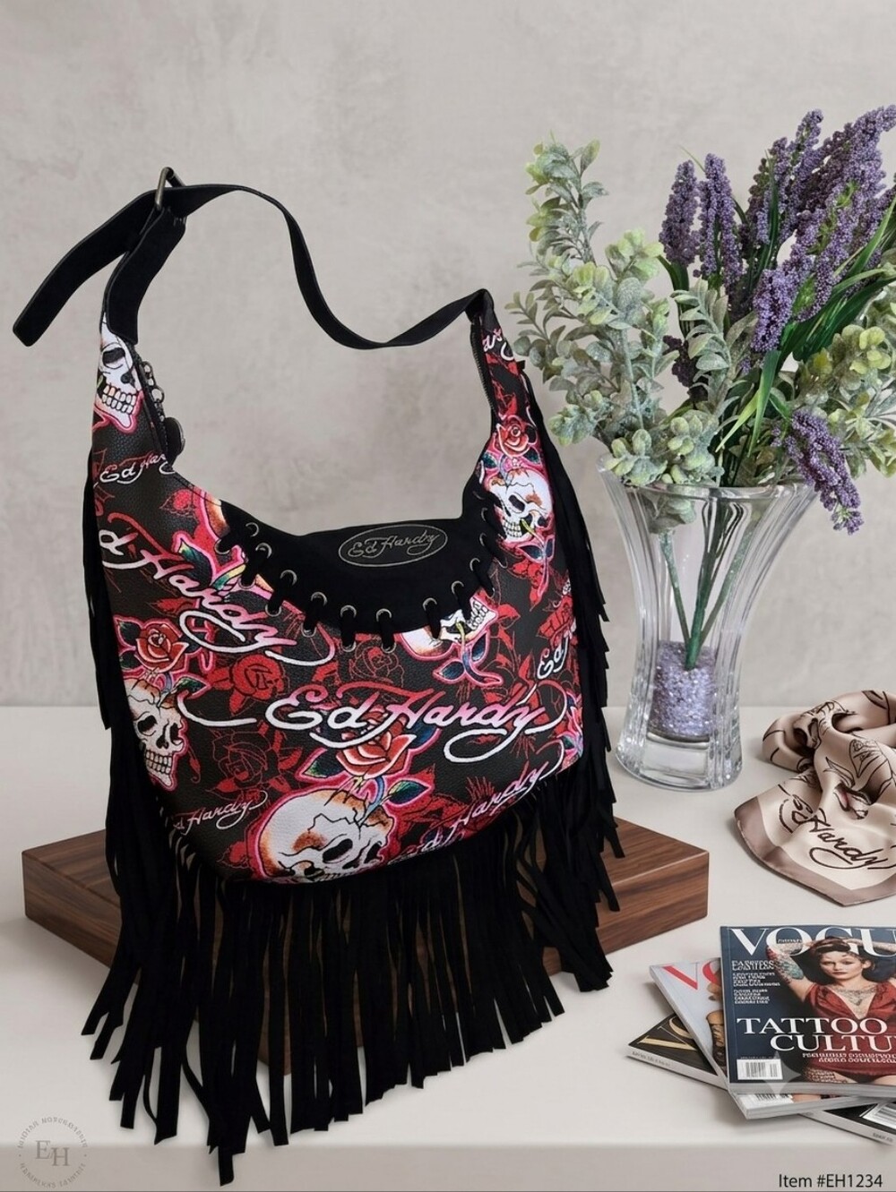 Ed Hardy NWT Black and Red Skull & Rose Fringe Shoulder Bag